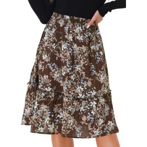 imageAllegra K Womens ALine Ruffle Elastic Waist Flowy Tiered Floral Knee Length SkirtBrown