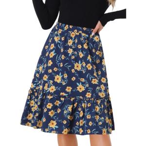 imageAllegra K Womens ALine Ruffle Elastic Waist Flowy Tiered Floral Knee Length SkirtDark Blue