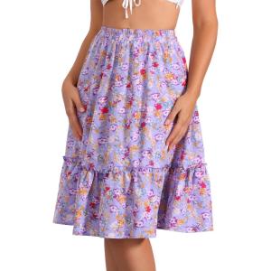 imageAllegra K Womens ALine Ruffle Elastic Waist Flowy Tiered Floral Knee Length SkirtLight Purple