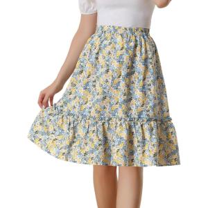 imageAllegra K Womens ALine Ruffle Elastic Waist Flowy Tiered Floral Knee Length SkirtWhite Yellow