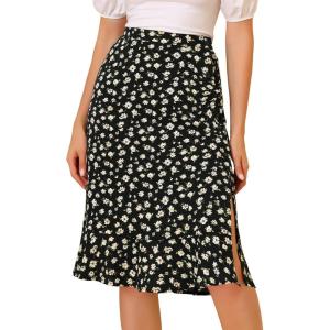 imageAllegra K Womens Floral Midi Skirts Summer Ruffle High Waist Flowy ALine Split Knee Length SkirtBlack