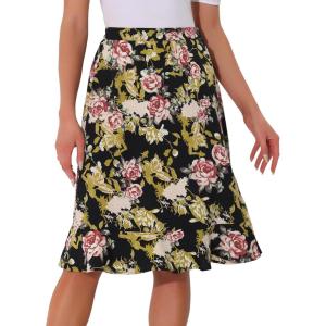 imageAllegra K Womens Floral Midi Skirts Summer Ruffle High Waist Flowy ALine Split Knee Length SkirtBlack Beige