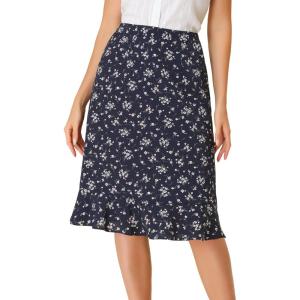 imageAllegra K Womens Floral Midi Skirts Summer Ruffle High Waist Flowy ALine Split Knee Length SkirtDark Blue