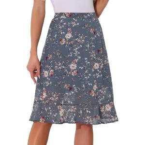 imageAllegra K Womens Floral Midi Skirts Summer Ruffle High Waist Flowy ALine Split Knee Length SkirtGrey Blue