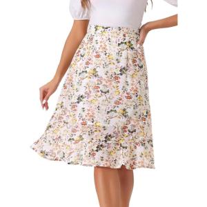 imageAllegra K Womens Floral Midi Skirts Summer Ruffle High Waist Flowy ALine Split Knee Length SkirtWhite