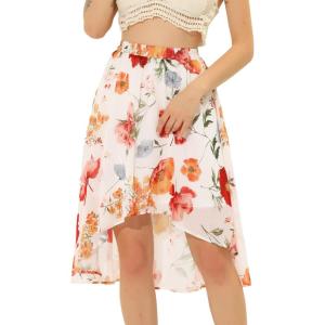 imageAllegra K Womens High Low Hem Elastic Waist Lurex Chiffon ALine Midi Floral SkirtWhite Orange