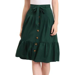 imageAllegra K Womens Button Front Ruffle Hem Belt High Waist ALine Flowy Chiffon Pleated Midi SkirtDark Green