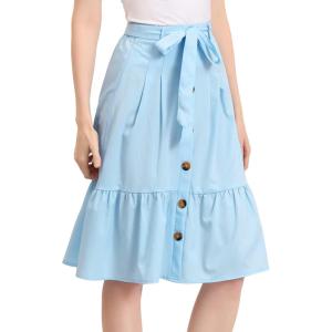 imageAllegra K Womens Button Front Ruffle Hem Belt High Waist ALine Flowy Chiffon Pleated Midi SkirtLight Blue