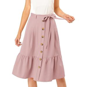 imageAllegra K Womens Button Front Ruffle Hem Belt High Waist ALine Flowy Chiffon Pleated Midi SkirtPink