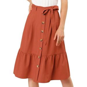 imageAllegra K Womens Button Front Ruffle Hem Belt High Waist ALine Flowy Chiffon Pleated Midi SkirtRust