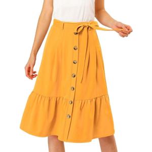 imageAllegra K Womens Button Front Ruffle Hem Belt High Waist ALine Flowy Chiffon Pleated Midi SkirtYellow