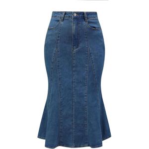imageAllegra K Womens Fishtail Bodycon Skirts High Waist Midi Jean Denim SkirtDark Blue
