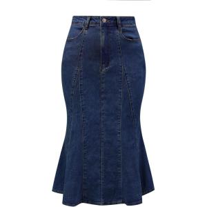 imageAllegra K Womens Fishtail Bodycon Skirts High Waist Midi Jean Denim SkirtDeep Blue