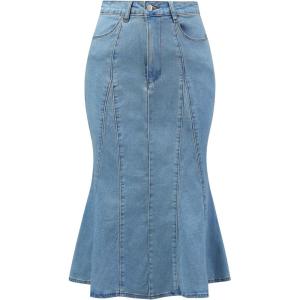 imageAllegra K Womens Fishtail Bodycon Skirts High Waist Midi Jean Denim SkirtLight Blue