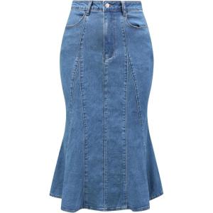 imageAllegra K Womens Fishtail Bodycon Skirts High Waist Midi Jean Denim SkirtSky Blue
