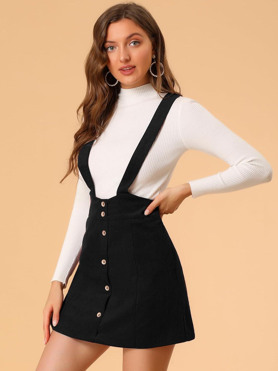 imageAllegra K Womens Corduroy Overall Strap Braces Button Decor Vintage Suspender SkirtBlack