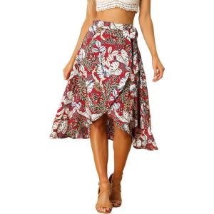 imageAllegra K Floral Skirt for Womens Hawaiian Tropical Beach Boho Wrap Midi SkirtRed