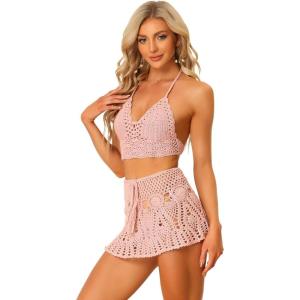 imageAllegra K Womens 2 Pieces Bikini Set Hollow Out Cami Top Mini Skirt Summer Beach Crochet Knit SetsPink