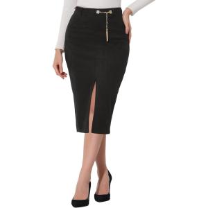 imageAllegra K Womens High Waist Faux Suede Belted Split Hem Bodycon Pencil Skirt XSmall Black