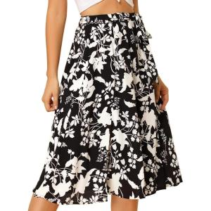 imageAllegra K Womens Slits Front High Waist ALine Belted Floral Flowy Midi SkirtBlack