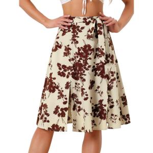 imageAllegra K Womens Slits Front High Waist ALine Belted Floral Flowy Midi SkirtDark Beige