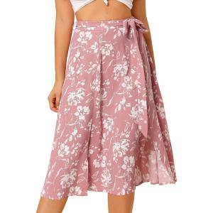 imageAllegra K Womens Slits Front High Waist ALine Belted Floral Flowy Midi SkirtPink