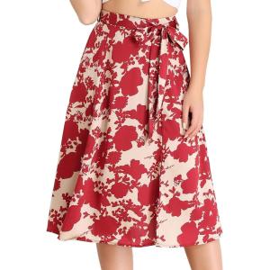 imageAllegra K Womens Slits Front High Waist ALine Belted Floral Flowy Midi SkirtRed