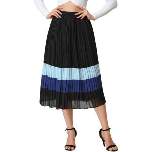 imageAllegra K Womens Summer Elastic Waist Color Block ALine Pleated Chiffon Midi SkirtBlack