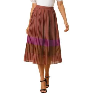 imageAllegra K Womens Summer Elastic Waist Color Block ALine Pleated Chiffon Midi SkirtRedbrown