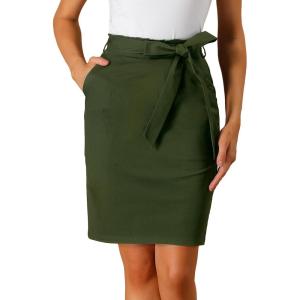 imageAllegra K Womens Workwear Paperbag Elastic Waist Side Pockets Cotton Pencil SkirtOlive Green