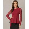 imageAllegra K Peplum Blouse for Womens Mesh Sheer Long Sleeve Round Neck Belted Work TopRed