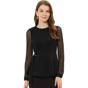 imageAllegra K Peplum Blouse for Womens Mesh Sheer Long Sleeve Round Neck Belted Work TopBlack