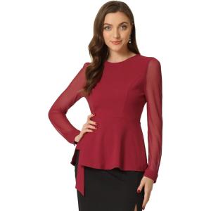 imageAllegra K Peplum Blouse for Womens Mesh Sheer Long Sleeve Round Neck Belted Work TopRed