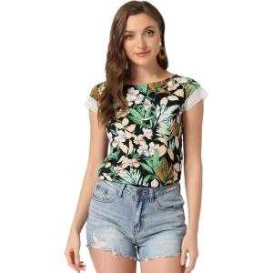 imageAllegra K Womens Leaf Tropical Blouse Boho Crochet Cap Sleeve Summer Casual TopsBlack