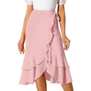 imageAllegra K Womens Ruffle Chiffon Tie Waist Asymmetrical 2023 Summer Midi SkirtPink