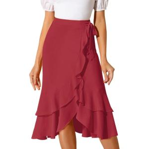 imageAllegra K Womens Ruffle Chiffon Tie Waist Asymmetrical 2023 Summer Midi SkirtRed