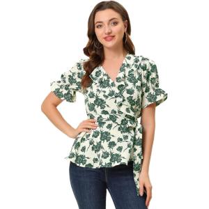 imageAllegra K Womens Wrap Peplum Top Blouse 2024 Summer Floral Short Sleeve Ruffle V Neck Belted ShirtsBeigegreen