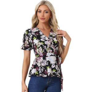 imageAllegra K Womens Wrap Peplum Top Blouse 2024 Summer Floral Short Sleeve Ruffle V Neck Belted ShirtsBlackfloral