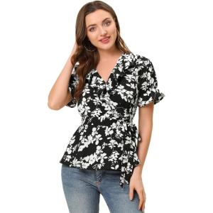 imageAllegra K Womens Wrap Peplum Top Blouse 2024 Summer Floral Short Sleeve Ruffle V Neck Belted ShirtsBlackwhite