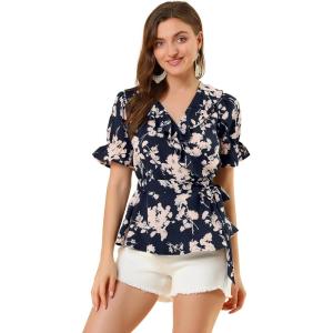 imageAllegra K Womens Wrap Peplum Top Blouse 2024 Summer Floral Short Sleeve Ruffle V Neck Belted ShirtsBlue