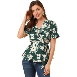 imageAllegra K Womens Wrap Peplum Top Blouse 2024 Summer Floral Short Sleeve Ruffle V Neck Belted ShirtsDark Green