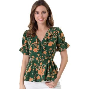 imageAllegra K Womens Wrap Peplum Top Blouse 2024 Summer Floral Short Sleeve Ruffle V Neck Belted ShirtsGreen