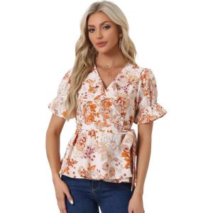 imageAllegra K Womens Wrap Peplum Top Blouse 2024 Summer Floral Short Sleeve Ruffle V Neck Belted ShirtsOrange