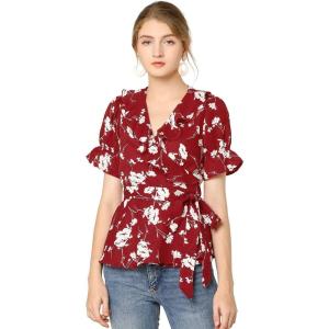 imageAllegra K Womens Wrap Peplum Top Blouse 2024 Summer Floral Short Sleeve Ruffle V Neck Belted ShirtsRed