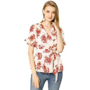 imageAllegra K Womens Wrap Peplum Top Blouse 2024 Summer Floral Short Sleeve Ruffle V Neck Belted ShirtsWhite