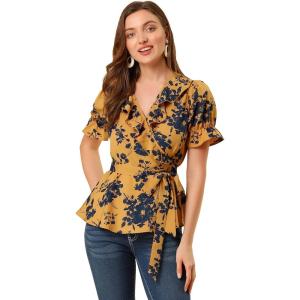 imageAllegra K Womens Wrap Peplum Top Blouse 2024 Summer Floral Short Sleeve Ruffle V Neck Belted ShirtsYellow