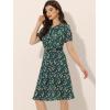 imageAllegra K Womens Peter Pan Collar Tie Neck Short Sleeves ALine Elegant Belted Vintage Floral DressDark Green