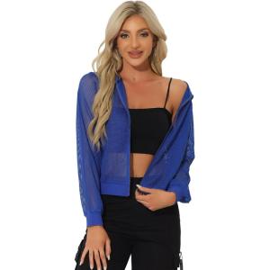 imageAllegra K Hoodie Jacket for Womens 2024 Zip Up Long Sleeve Mesh Sheer Bomber JacketsBlue