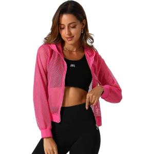 imageAllegra K Hoodie Jacket for Womens 2024 Zip Up Long Sleeve Mesh Sheer Bomber JacketsHot Pink