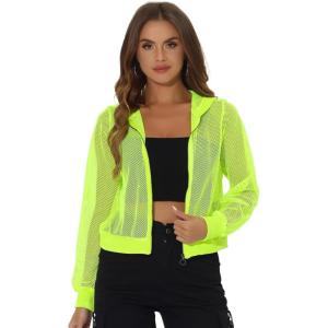 imageAllegra K Hoodie Jacket for Womens 2024 Zip Up Long Sleeve Mesh Sheer Bomber JacketsNeon Yellow